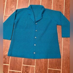 Hand Knit Cardigan 3/4 Sleeves Teal Large Grandma NWT